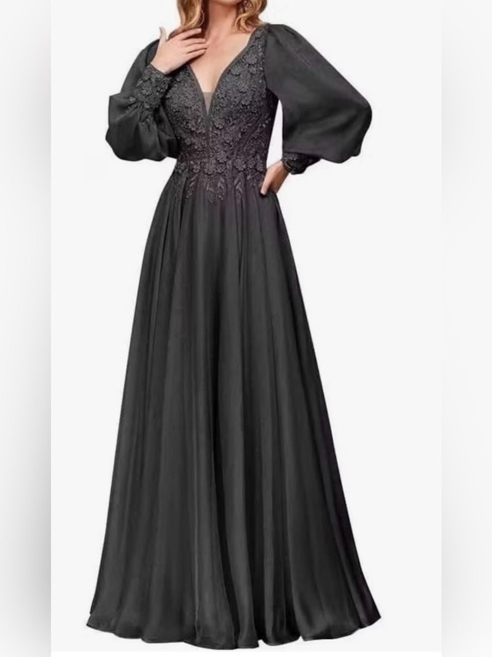 Elegant Black Lace Bodice Evening Dress